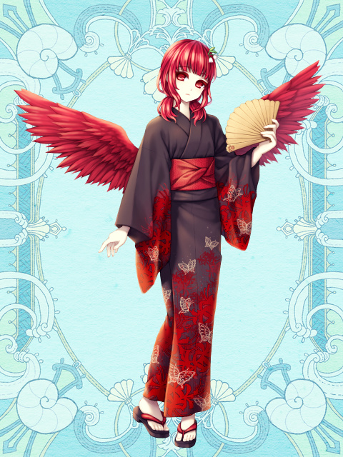 1girl animal_print bangs black_kimono blue_background blunt_bangs butterfly_print fan feathered_wings flower folding_fan full_body hair_flower hair_ornament holding holding_fan japanese_clothes kerberos_blade kimono looking_at_viewer medium_hair obi red_eyes red_wings rubeus_armando sandals sash simple_background solo standing todo_(kb) wings
