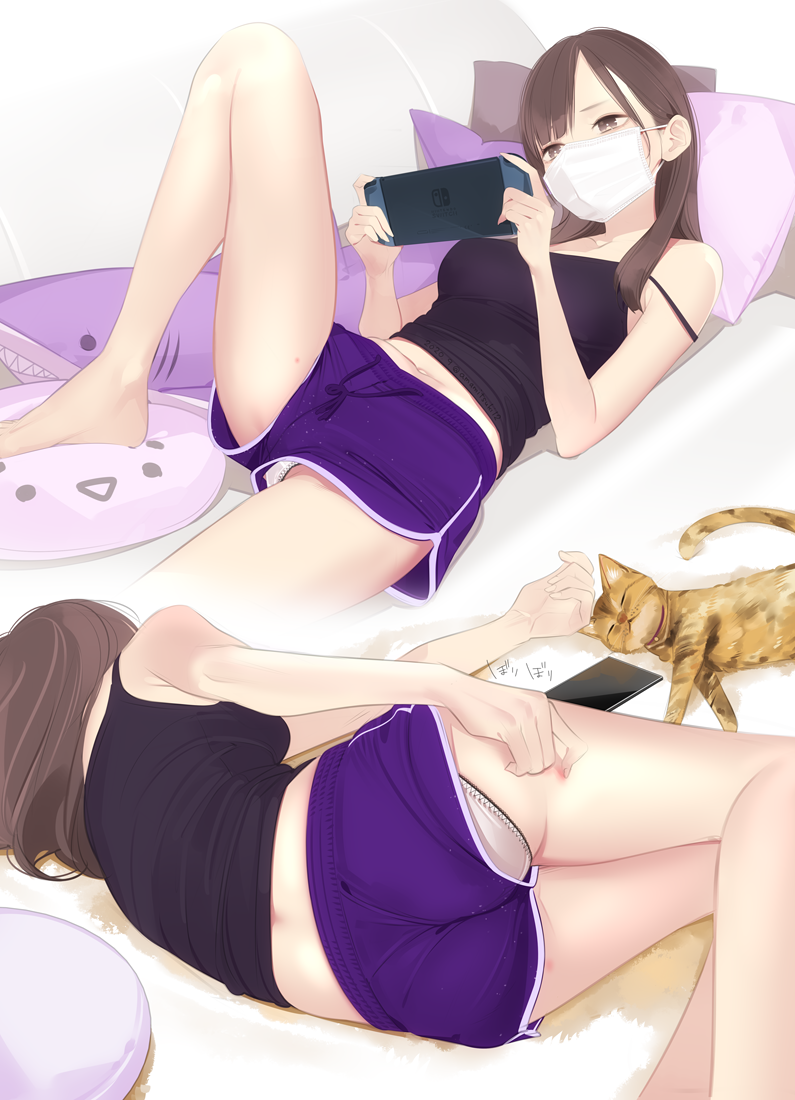 1girl ama_mitsuki ass bare_legs bare_shoulders barefoot brown_eyes brown_hair cat cellphone couch handheld_game_console holding holding_handheld_game_console indoors long_hair lying mask mouth_mask multiple_views navel nintendo_switch on_side original panties pantyshot phone playing_games shorts spread_legs strap_slip surgical_mask tank_top underwear white_panties