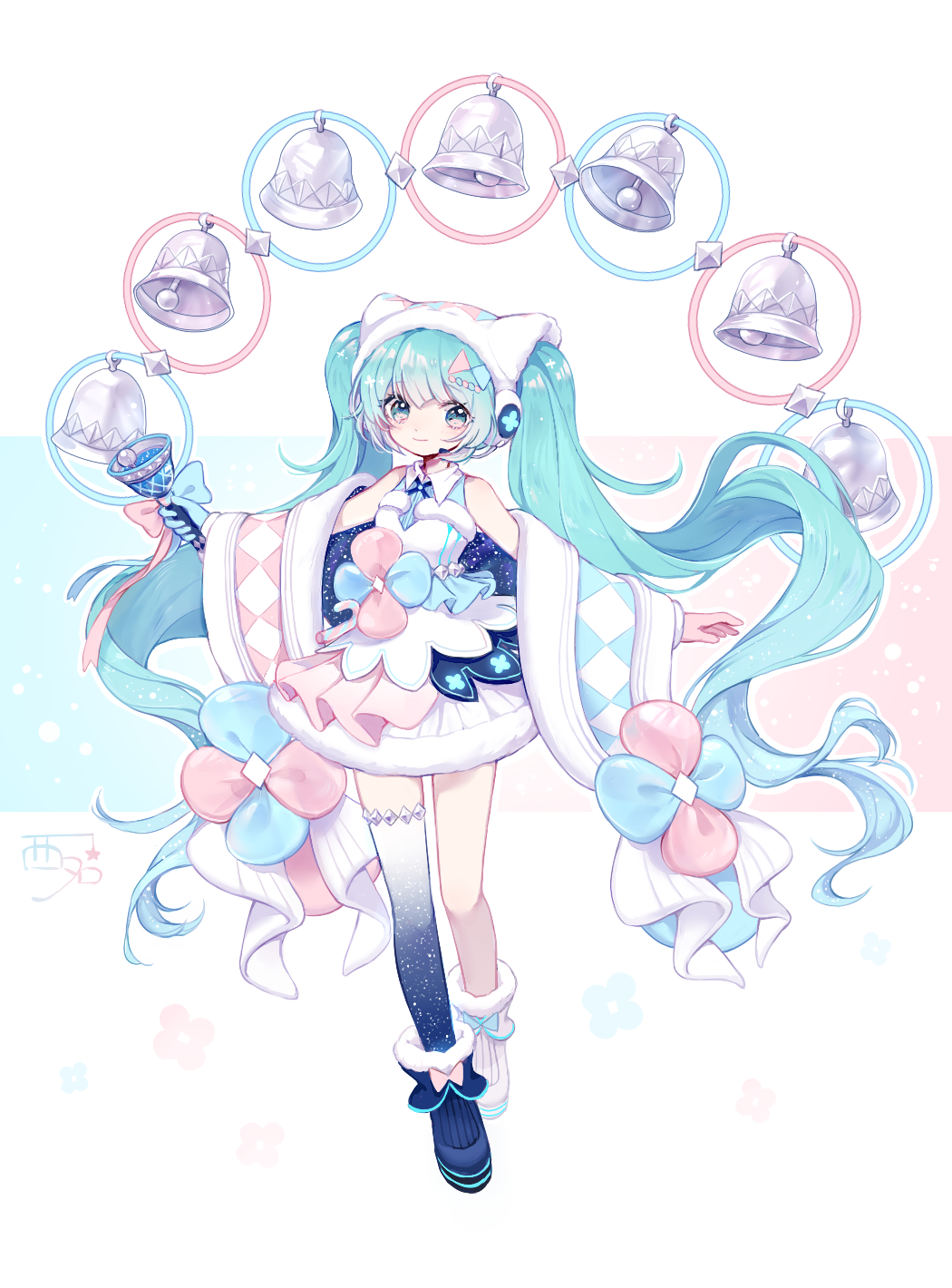 1girl aqua_hair bangs bare_shoulders bell black_footwear black_legwear blue_bow blue_gloves boots bow closed_mouth commentary_request dress eyebrows_visible_through_hair floral_background fur-trimmed_boots fur-trimmed_dress fur_trim gloves gradient gradient_legwear green_eyes hair_ornament handbell hatsune_miku headphones headset highres holding long_hair long_sleeves looking_at_viewer magical_mirai_(vocaloid) mismatched_footwear mismatched_gloves nishina_hima pink_bow pink_gloves single_thighhigh sleeveless sleeveless_dress smile solo standing thigh-highs twintails very_long_hair vocaloid white_background white_dress white_footwear white_legwear