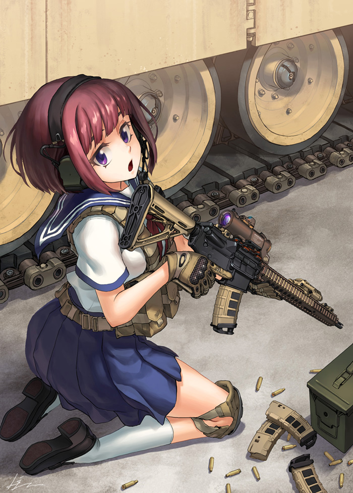 1girl ammo_box artist_name assault_rifle bangs black_footwear blue_sailor_collar blue_skirt bob_cut brown_hair bullet commentary english_commentary from_behind ground_vehicle gun hairband headphones holding holding_gun holding_weapon knee_pads kneeling kws loafers looking_at_viewer looking_back magazine_(weapon) military military_vehicle miniskirt motor_vehicle open_mouth original pleated_skirt red_hairband rifle sailor_collar school_uniform scope serafuku shadow shirt shoes short_hair short_sleeves signature skirt socks solo tank trigger_discipline violet_eyes weapon white_legwear white_shirt