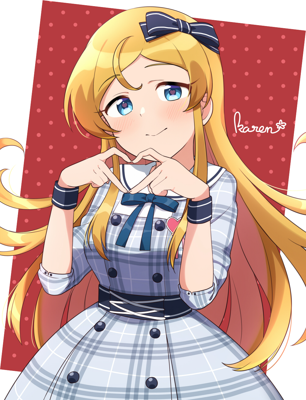 1girl blonde_hair blue_eyes blush bow corset hair_bow heart heart_hands highres idolmaster idolmaster_million_live! long_hair looking_at_viewer plaid polka_dot polka_dot_background red_background shinomiya_karen signature smile solo tahara_emu upper_body very_long_hair wristband