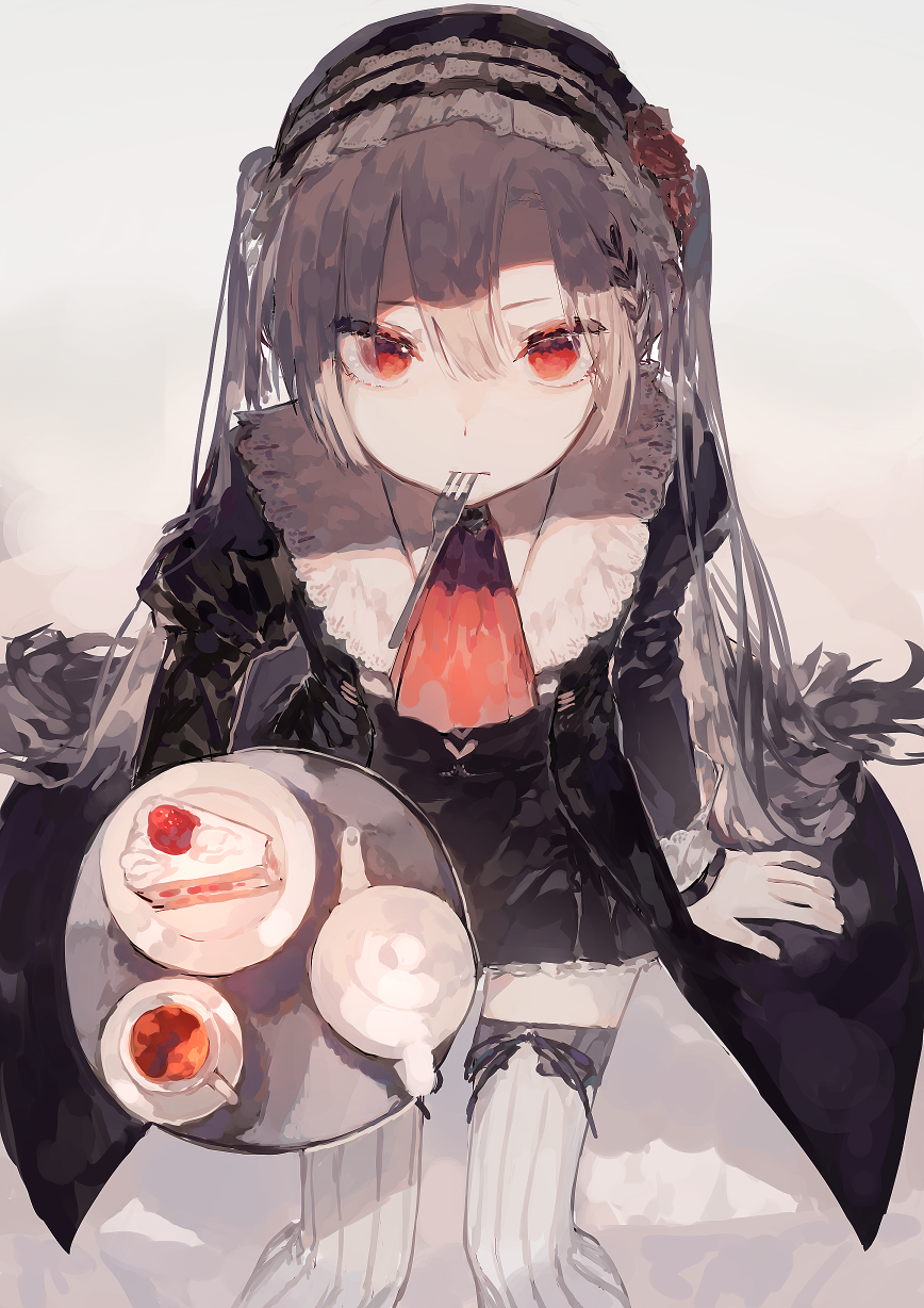 1girl arm_support bangle bangs black_dress black_headwear bonnet bracelet cake cake_slice cloak commentary cravat cup dress eyes_visible_through_hair flower food fork_in_mouth from_above fruit gothic_lolita grey_hair hat hat_flower highres holding holding_tray jewelry juliet_sleeves kettle lace lace-trimmed_dress lace-trimmed_headwear lace-trimmed_sleeves lolita_fashion long_hair long_sleeves looking_at_viewer mouth_hold null1040 original pale_skin parted_bangs petite petticoat plate puffy_sleeves red_eyes red_neckwear shadow sidelocks solo strawberry strawberry_shortcake striped striped_legwear tea teacup thigh-highs tray twintails very_long_hair zettai_ryouiki