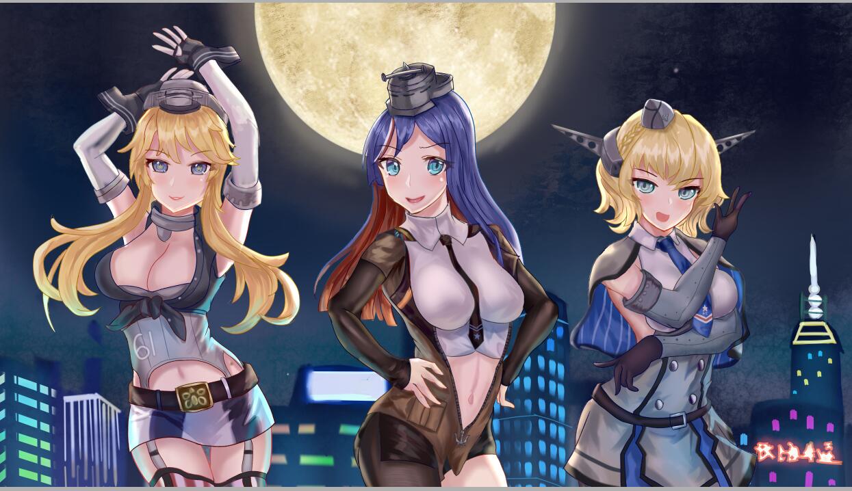 black_gloves black_neckwear black_skirt blonde_hair blue_eyes blue_hair breasts brown_jacket building city cityscape colorado_(kantai_collection) crop_top dress dress_shirt elbow_gloves fingerless_gloves garrison_cap gloves grey_dress grey_headwear hair_between_eyes hat headgear iowa_(kantai_collection) jacket jojo_pose kantai_collection large_breasts long_hair midriff miniskirt multicolored_hair multiple_girls necktie night om10 open_clothes open_jacket pleated_dress pose redhead scenery shirt short_hair short_sleeves side_braids skirt sleeveless smile south_dakota_(kantai_collection) star-shaped_pupils star_(symbol) symbol-shaped_pupils white_hair white_shirt