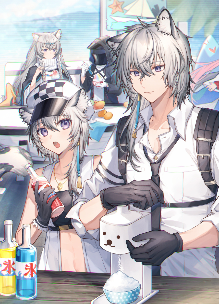 1boy 1other 2girls animal_ear_fluff animal_ears arknights bandeau bangs black_gloves black_jacket black_neckwear bottle braid brother_and_sister cabbie_hat checkered cliffheart_(arknights) commentary_request doctor_(arknights) dress eyebrows_visible_through_hair gloves grey_eyes hair_between_eyes hand_up hat head_chain highres holding holding_bottle hood hooded_jacket indoors jacket koyukomu leopard_ears leopard_tail long_hair looking_at_viewer multiple_girls navel necktie open_mouth pramanix_(arknights) shaved_ice shirt siblings silver_hair silverash_(arknights) sisters sleeveless stomach tail turtleneck_dress twin_braids upper_body white_dress white_gloves white_headwear white_shirt wing_collar