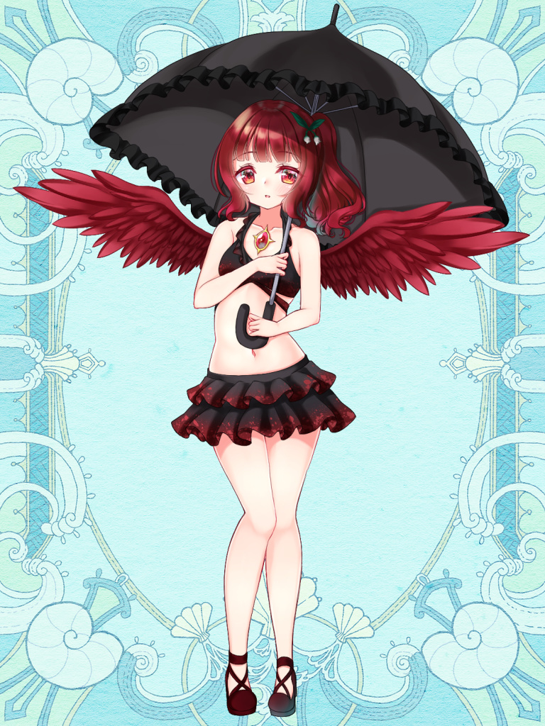 1girl bangs bare_arms bare_shoulders bikini bikini_skirt black_bikini black_umbrella breasts character_request collarbone eyebrows_visible_through_hair feathered_wings frilled_umbrella full_body hair_ornament holding holding_umbrella kerberos_blade layered_bikini looking_at_viewer mirai_(happy-floral) navel official_art parted_lips red_eyes red_footwear red_wings redhead shoes side_ponytail small_breasts solo standing swimsuit umbrella wings