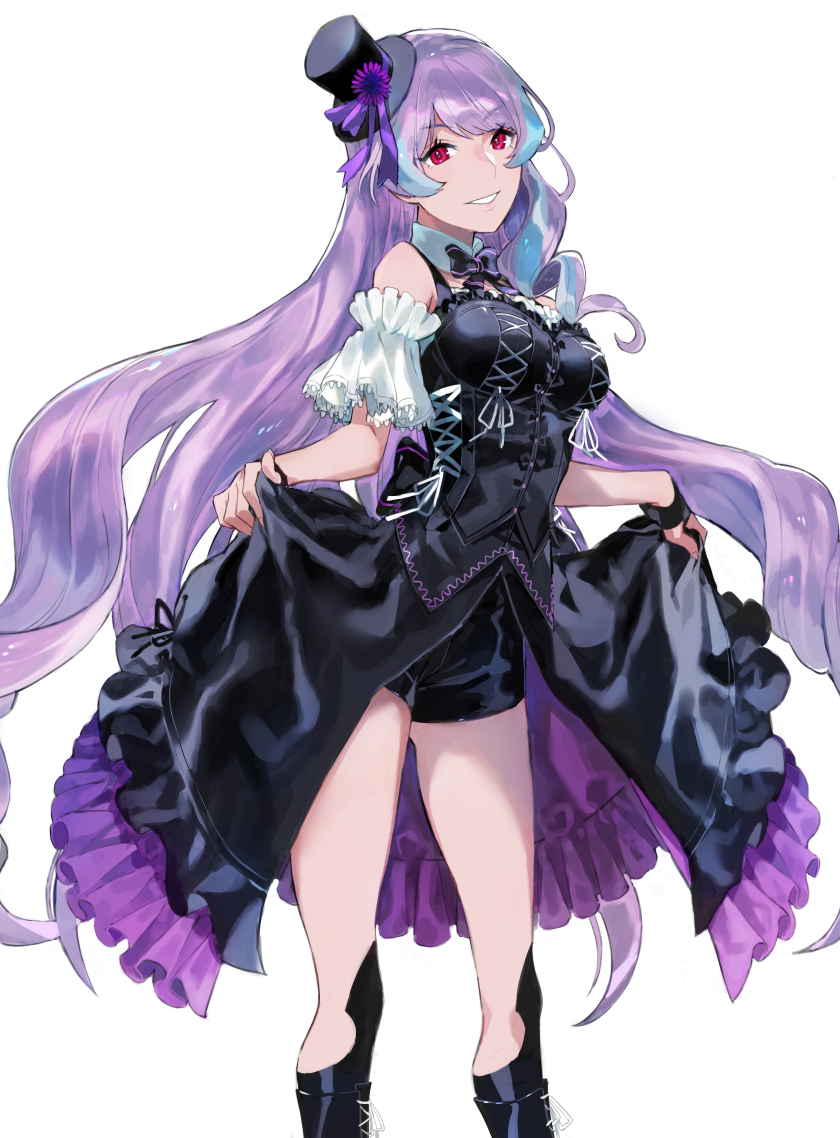 1girl aisutabetao black_skirt breasts long_hair looking_at_viewer macross macross_delta medium_breasts mikumo_guynemer purple_hair red_eyes skirt skirt_lift smile solo very_long_hair white_background