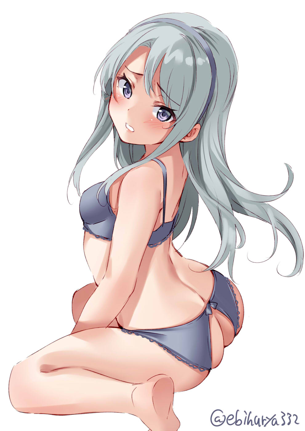 1girl ass bare_arms bare_legs bare_shoulders barefoot blush bra breasts ebifurya eyebrows_visible_through_hair hairband highres kantai_collection long_hair looking_at_viewer open_mouth panties purple_bra purple_hairband purple_panties sagiri_(kantai_collection) silver_hair simple_background small_breasts solo twitter_username underwear underwear_only violet_eyes white_background