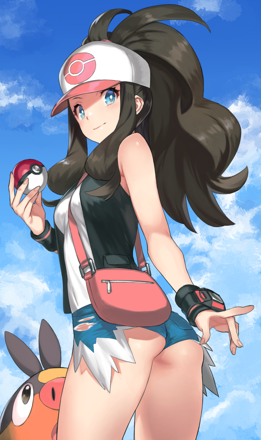 1girl 92m ass bag baseball_cap between_breasts black_hair blue_eyes breasts clouds cloudy_sky denim denim_shorts gen_5_pokemon hat high_ponytail highres hilda_(pokemon) holding holding_poke_ball long_hair looking_at_viewer looking_back poke_ball poke_ball_(basic) pokemon pokemon_(creature) pokemon_(game) pokemon_bw ponytail shirt shorts shoulder_bag sidelocks sky sleeveless sleeveless_shirt smile solo tepig torn_clothes torn_shorts wristband