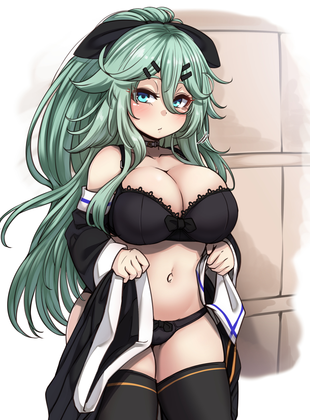 1girl bangs black_bra black_legwear black_panties black_ribbon bra breasts cowboy_shot detached_sleeves green_eyes green_hair hair_between_eyes hair_flaps hair_ornament hair_ribbon hairclip highres kantai_collection large_breasts long_hair navel panties parted_bangs ponytail ribbon ryuun_(stiil) sidelocks solo standing thigh-highs underwear underwear_only undressing yamakaze_(kantai_collection)