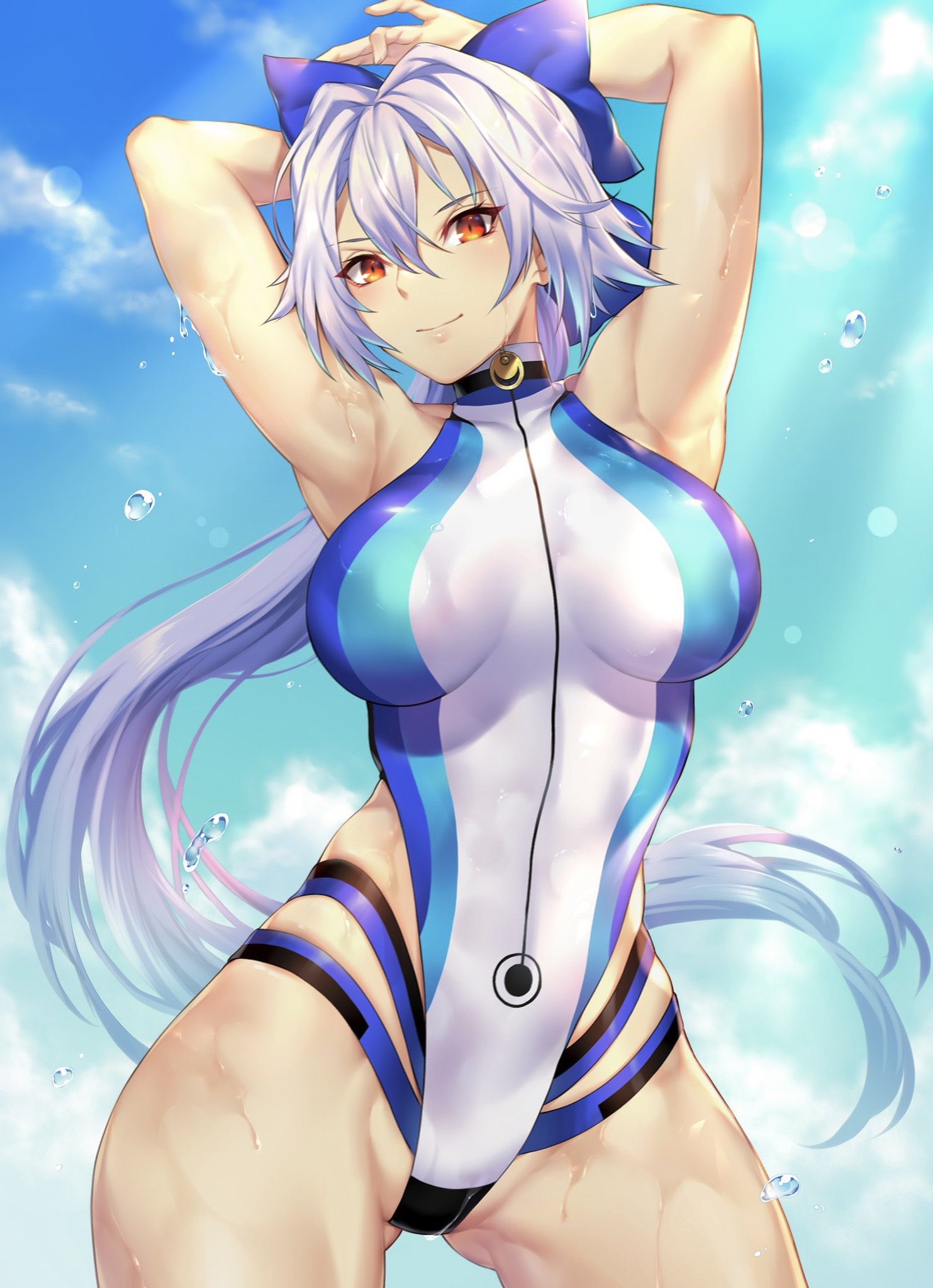 1girl armpits arms_behind_head arms_up bangs blue_bow blue_sky blue_swimsuit blush bow breasts fate/grand_order fate_(series) hair_between_eyes hair_bow highleg highleg_swimsuit highres large_breasts long_hair looking_at_viewer nasaniliu one-piece_swimsuit ponytail red_eyes silver_hair sky smile swimsuit thighs tomoe_gozen_(fate/grand_order) tomoe_gozen_(swimsuit_saber)_(fate) two-tone_swimsuit white_swimsuit