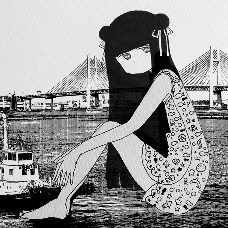 1girl awayawa_pic black_hair commentary_request dot_mouth dot_nose double_bun dress from_side greyscale knees_up long_hair looking_at_viewer monochrome original photo_background print_dress ship solo suspension_bridge watercraft