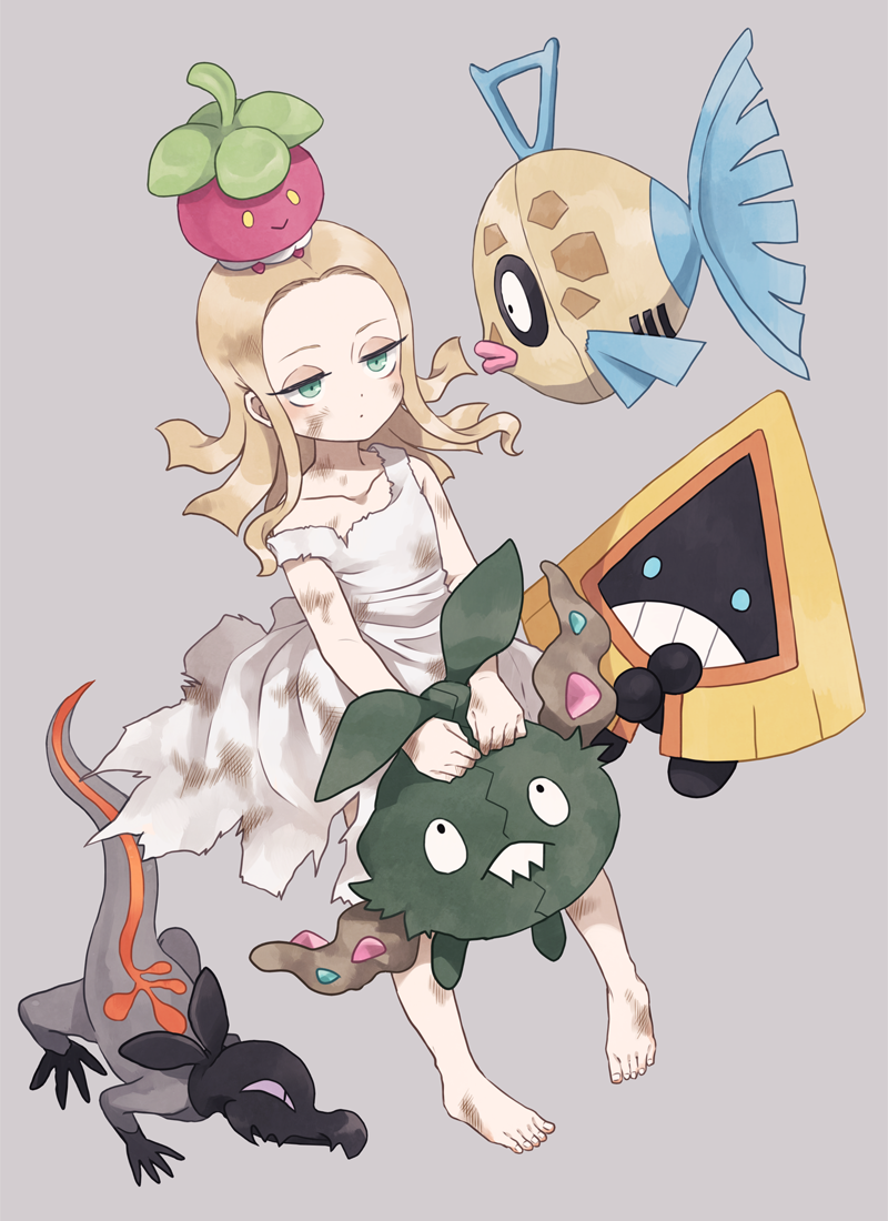 1girl barefoot blonde_hair bounsweet child dirty dirty_clothes dirty_face dress feebas gen_3_pokemon gen_5_pokemon gen_7_pokemon green_eyes grey_background oleana_(pokemon) pokemon pokemon_(creature) pokemon_(game) pokemon_swsh rinka_(rinka0912) salandit sitting snorunt torn_clothes trubbish white_dress younger