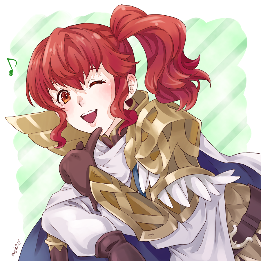 1girl anna_(fire_emblem) finger_to_chin fire_emblem fire_emblem_heroes ichii_k looking_at_viewer musical_note one_eye_closed open_mouth red_eyes redhead side_ponytail smile solo