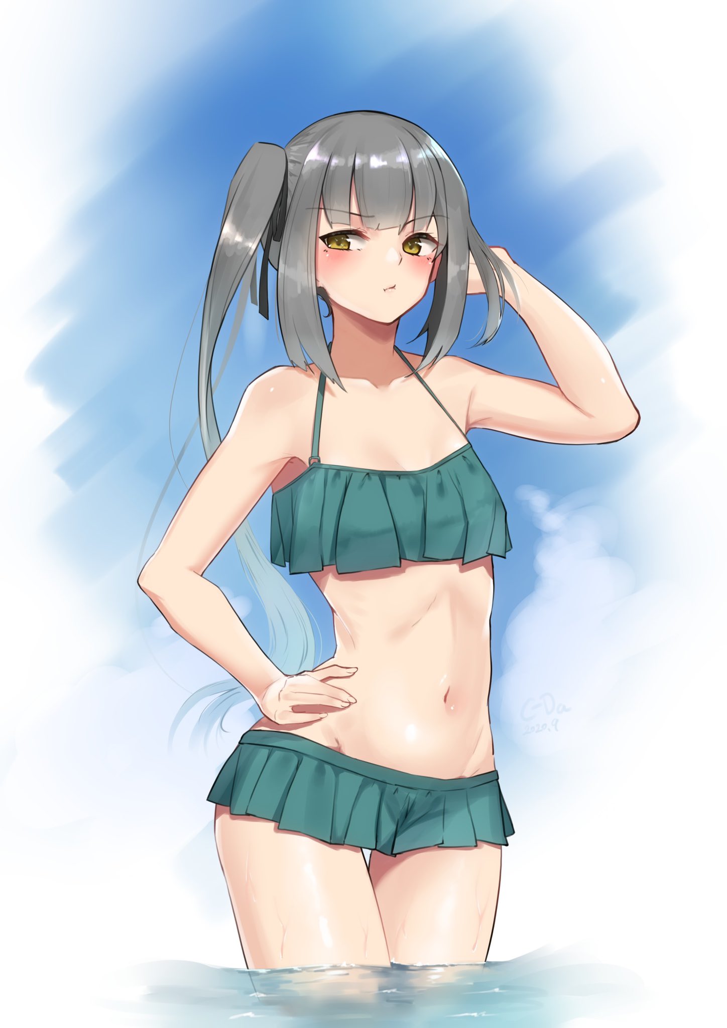 1girl bangs bare_arms bare_shoulders bikini blue_bikini blush breasts c-da closed_mouth clouds collarbone commentary_request day eyebrows_visible_through_hair grey_hair hair_ribbon hand_in_hair hand_on_hip highres kantai_collection kasumi_(kantai_collection) long_hair navel outdoors partially_submerged ponytail ribbon sidelocks sky small_breasts solo standing stomach swimsuit wading water wet yellow_eyes