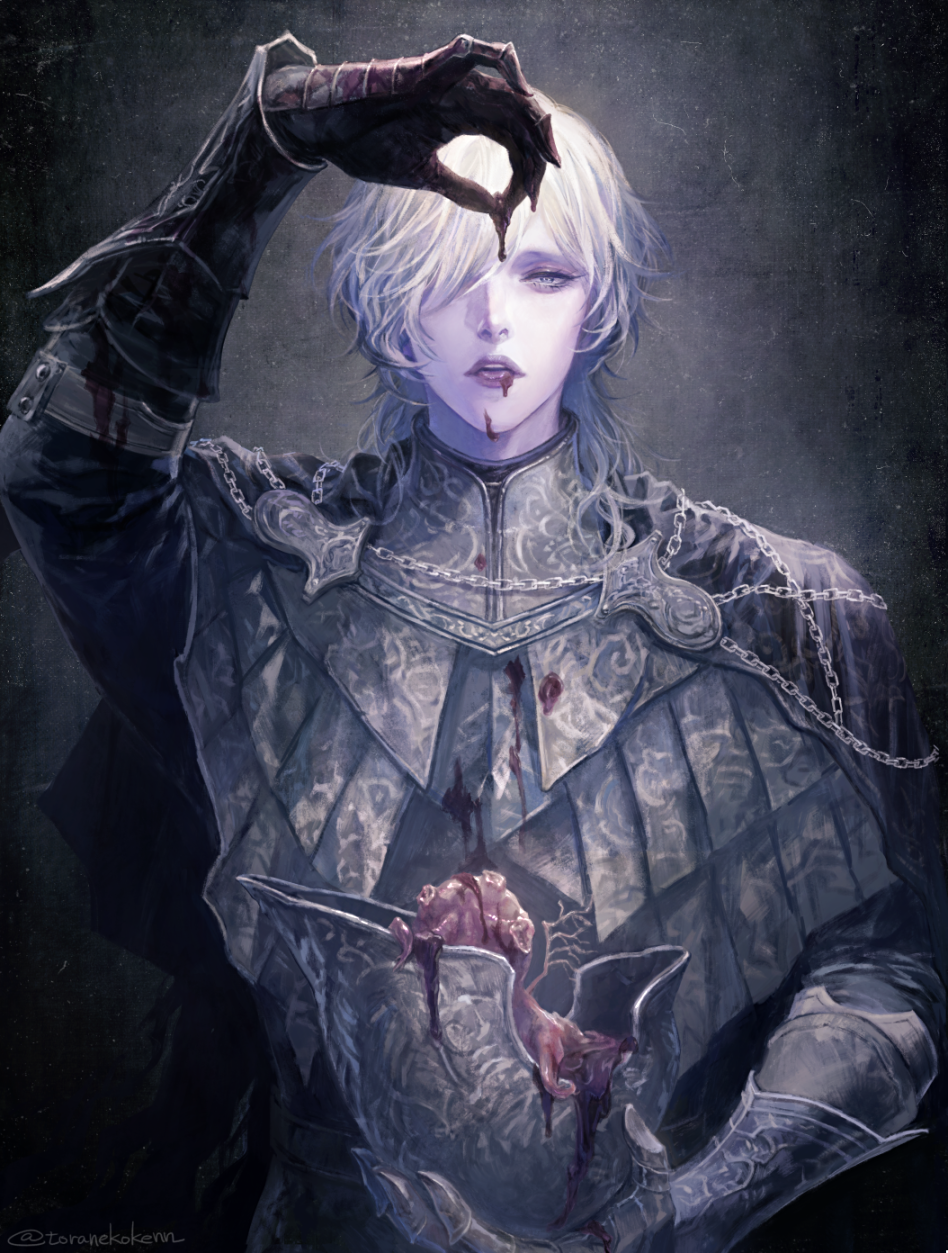 1boy arm_up armor blood blood_on_face bloodborne bloody_clothes bloody_hands chain eating eldritch_abomination gauntlets grey_eyes hair_over_one_eye half-closed_eyes headwear_removed helm helmet helmet_removed highres holding holding_helmet male_focus medium_hair open_mouth oyabin_(shikouann) solo teeth tongue turtleneck twitter_username upper_body vambraces white_hair