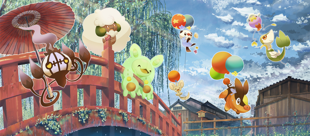 :d ^_^ balloon bridge building chandelure closed_eyes closed_mouth clouds collaboration commentary_request day drifloon fence fire flame floating foliage gen_4_pokemon gen_5_pokemon happy holding holding_umbrella looking_up minccino no_humans open_mouth oshawott outdoors pokemon reuniclus sky smile snivy tepig tongue umbrella whimsicott yakkun yuurakusei