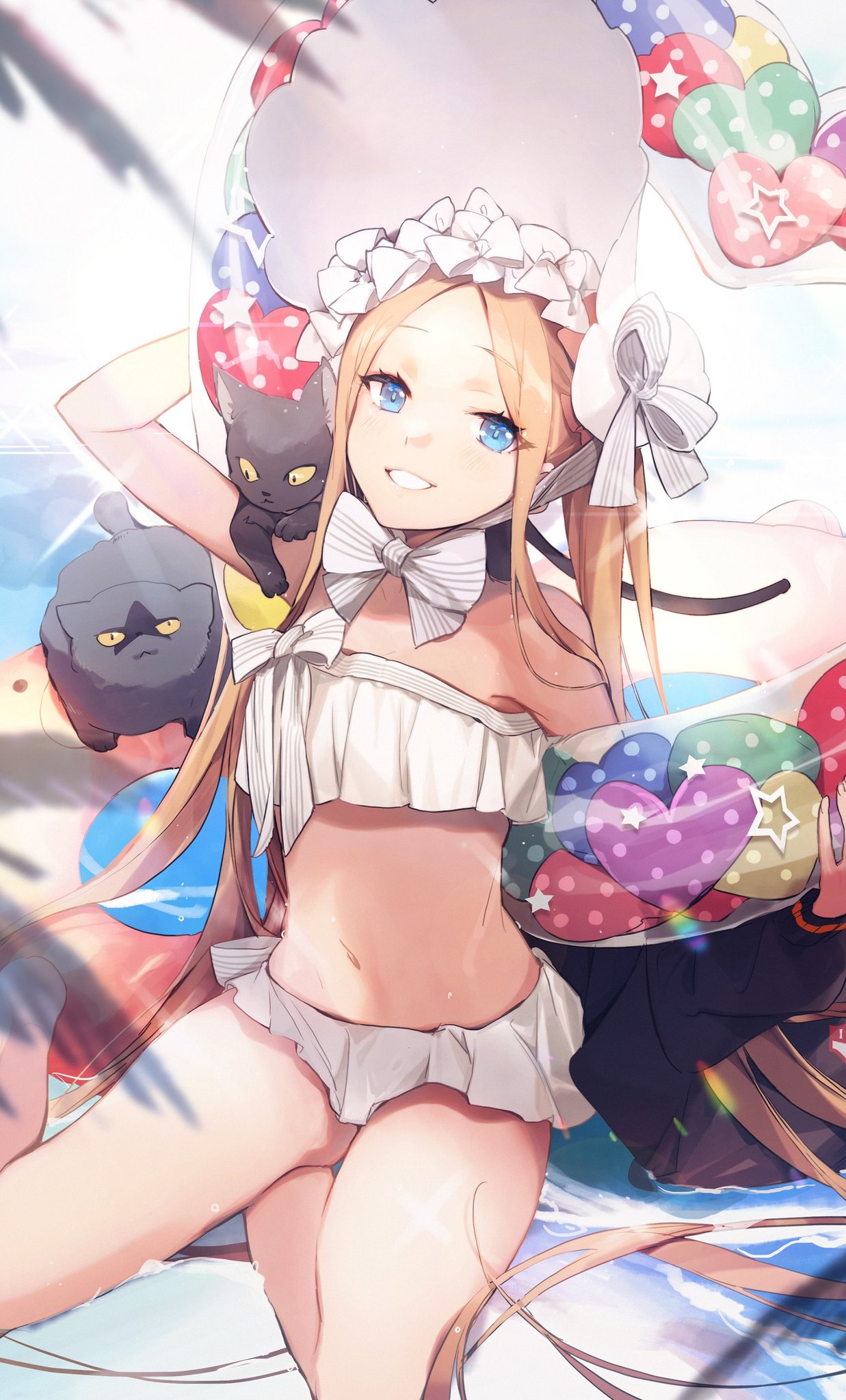 1girl abigail_williams_(fate/grand_order) abigail_williams_(swimsuit_foreigner)_(fate) animal animal_on_shoulder bikini blonde_hair blue_eyes bonnet cat eyebrows_visible_through_hair fate/grand_order fate_(series) forehead highres light_smile long_hair looking_at_viewer navel no-kan sitting smile solo swimsuit thighs white_bikini