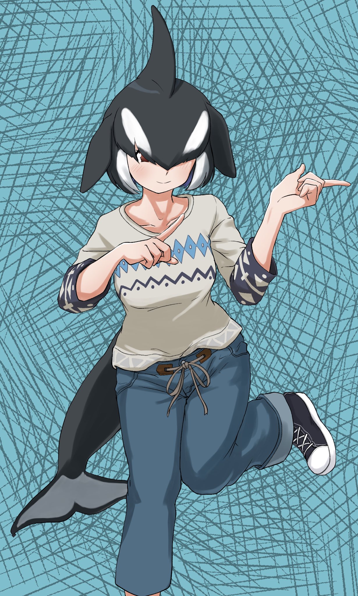 1girl alternate_costume bangs black_hair brown_eyes casual closed_mouth collarbone contemporary dolphin_tail dorsal_fin foot_up hair_over_one_eye hands_up head_fins highres kemono_friends kyonin_dofu medium_hair multicolored_hair orca_(kemono_friends) pants pointing shoes smile solo standing standing_on_one_leg sweatshirt tail two-tone_hair white_hair
