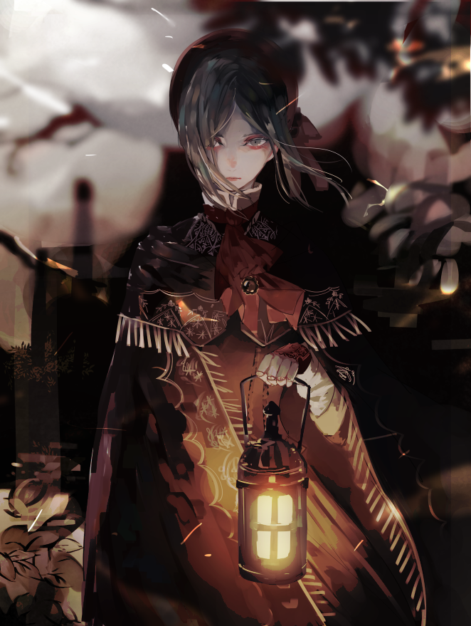 1girl ascot bangs bloodborne blurry blurry_background bonnet brown_cloak brown_dress cloak commentary_request cowboy_shot doll_joints dress expressionless flower grey_hair hand_up hat holding holding_lamp joints long_sleeves looking_at_viewer plain_doll red_ribbon ribbon short_hair solo syokuuuuuuuuumura