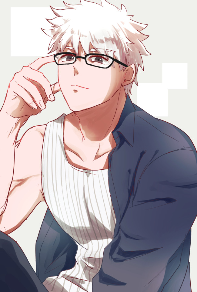 1boy aida_shino alternate_costume archer brown_eyes chest dark_skin dark_skinned_male fate/grand_order fate/stay_night fate_(series) glasses looking_at_viewer male_focus muscle pants short_hair solo summer_casual_(fate/grand_order) tank_top undressing upper_body white_hair