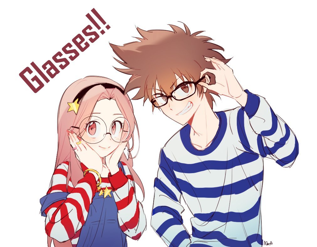 1boy 1girl adjusting_eyewear bespectacled black-framed_eyewear black_hairband blue_overalls blue_shirt blush bracelet brown_eyes brown_hair closed_mouth commentary digimon digimon_adventure digimon_adventure_tri. english_commentary english_text glasses grin hair_ornament hairband hands_on_own_cheeks hands_on_own_face jewelry long_hair long_sleeves looking_at_viewer maro_(lij512) overalls red_shirt round_eyewear shirt signature simple_background sketch smile star_(symbol) star_bracelet star_hair_ornament strap_slip striped striped_shirt tachikawa_mimi teeth two-tone_shirt upper_body white_background white_shirt yagami_taichi