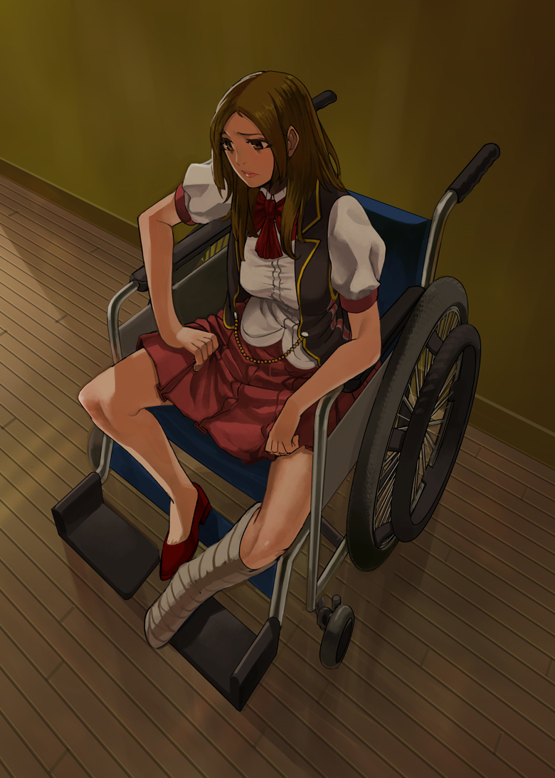 1girl back_street_girls:_gokudolls bandaged_leg bandages breasts brown_eyes brown_hair cast check_commentary closed_mouth commentary_request indoors lips long_hair looking_to_the_side pleated_skirt puffy_sleeves red_footwear red_neckwear red_skirt sakamoto_kengo shirt sitting skirt solo wheelchair white_shirt wooden_floor yamamoto_airi