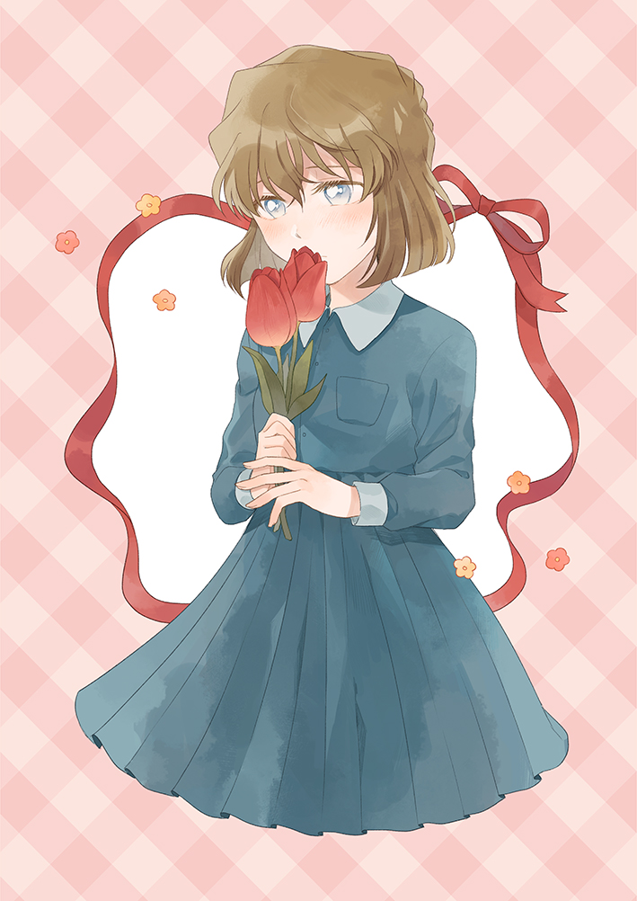 1girl bangs blue_eyes blue_shirt blue_skirt brown_hair collared_shirt cropped_legs dress_shirt flower haibara_ai hair_between_eyes high-waist_skirt holding holding_flower long_sleeves meitantei_conan miniskirt pink_background plaid plaid_background pleated_skirt red_flower shiny shiny_hair shirt short_hair skirt solo standing wing_collar zarutsu