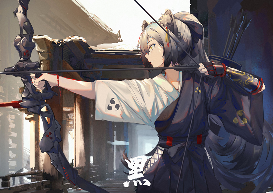 1girl animal_ears archery arknights arrow_(projectile) bangs bow_(weapon) breasts cat_ears compound_bow fingerless_gloves gloves holding holding_bow_(weapon) holding_weapon japanese_clothes kyuudou lm520lm520 long_hair looking_afar muneate partly_fingerless_gloves profile schwarz_(arknights) silver_hair single_glove solo weapon wide_sleeves yellow_eyes yugake