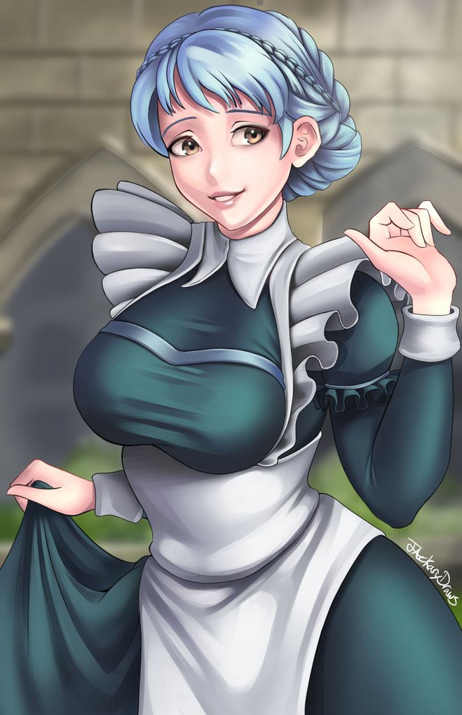 1girl artist_name blue_hair braid breasts brown_eyes dress fire_emblem fire_emblem:_three_houses grin jackary large_breasts light_blue_hair lips looking_to_the_side maid maid_headdress marianne_von_edmund short_hair smile solo wide_hips