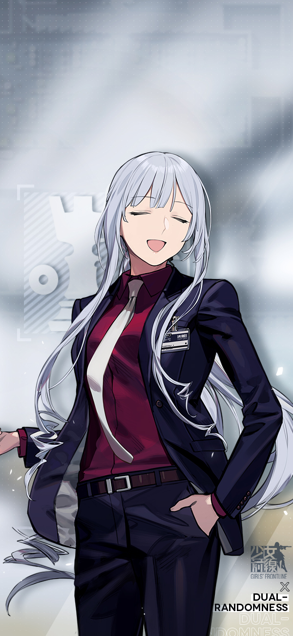 1girl ak-12_(girls_frontline) bangs breasts closed_eyes duoyuanjun eyebrows_visible_through_hair formal girls_frontline hand_in_pocket highres holding jacket long_hair long_sleeves necktie ponytail silver_hair smile solo suit