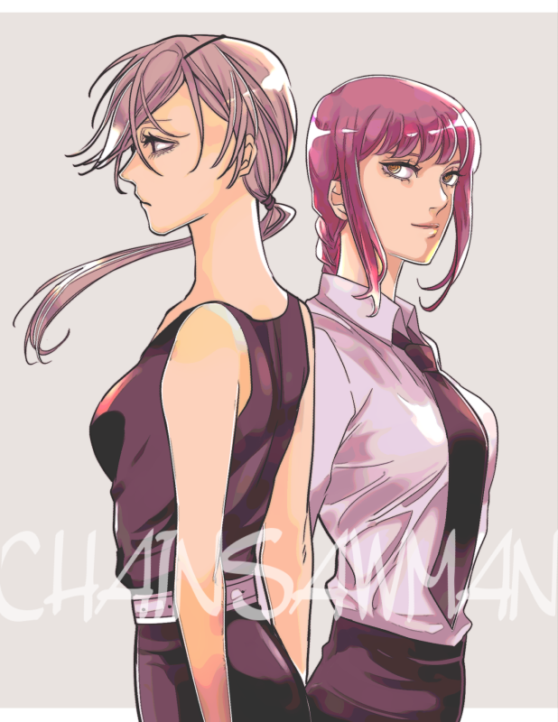 2girls alternate_hair_color bangs bare_shoulders black_eyepatch black_eyes black_neckwear black_pants black_shirt braid braided_ponytail breasts business_suit chainsaw_man collared_shirt expressionless eyepatch formal grey_eyes kaisenika11 light_smile long_hair long_sleeves looking_at_viewer looking_to_the_side makima_(chainsaw_man) medium_breasts multiple_girls necktie pants ponytail purple_hair quanxi_(chainsaw_man) ringed_eyes shirt shirt_tucked_in sleeveless sleeveless_shirt smile suit tank_top tied_hair white_shirt yellow_eyes