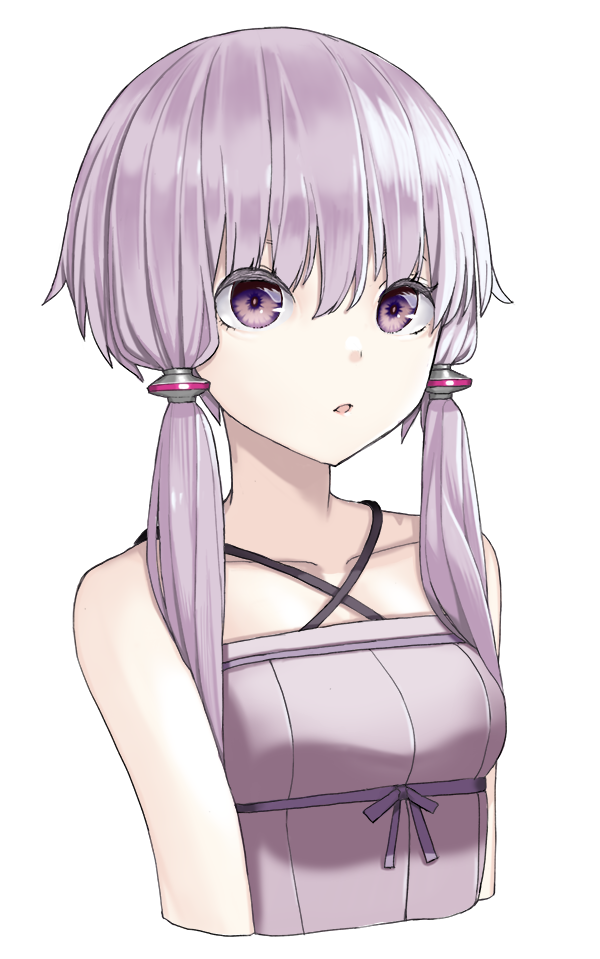 1girl akahara_tyun bangs breasts collarbone criss-cross_halter cropped_torso dress hair_between_eyes halterneck long_hair low_twintails open_mouth purple_dress purple_hair purple_ribbon rei_no_himo ribbon shiny shiny_hair simple_background sleeveless sleeveless_dress small_breasts solo twintails upper_body violet_eyes voiceroid white_background yuzuki_yukari