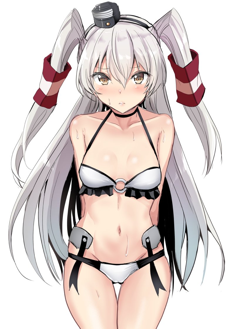 1girl amatsukaze_(kantai_collection) arms_behind_back bangs bare_shoulders bikini blush breasts brown_eyes choker collarbone eyebrows_visible_through_hair frills gin'ichi_(akacia) groin hair_between_eyes kantai_collection long_hair looking_at_viewer navel o-ring o-ring_bikini o-ring_top silver_hair simple_background small_breasts solo striped sweat swimsuit thigh_gap two_side_up white_background
