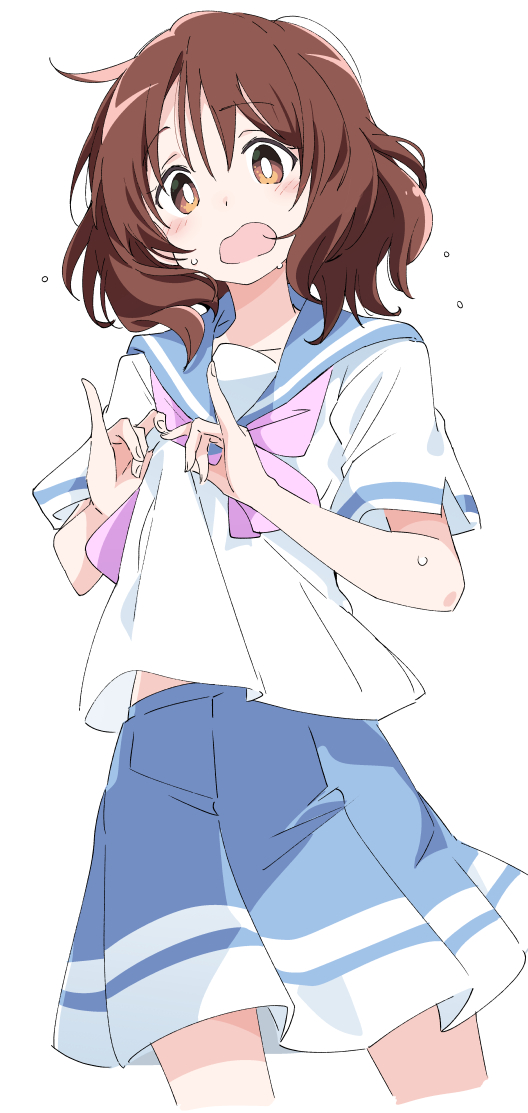 1girl blue_sailor_collar blue_skirt blush brown_eyes brown_hair eyebrows_visible_through_hair hibike!_euphonium ixy looking_at_viewer open_mouth oumae_kumiko pink_neckwear sailor_collar school_uniform serafuku short_hair short_sleeves simple_background skirt solo white_background