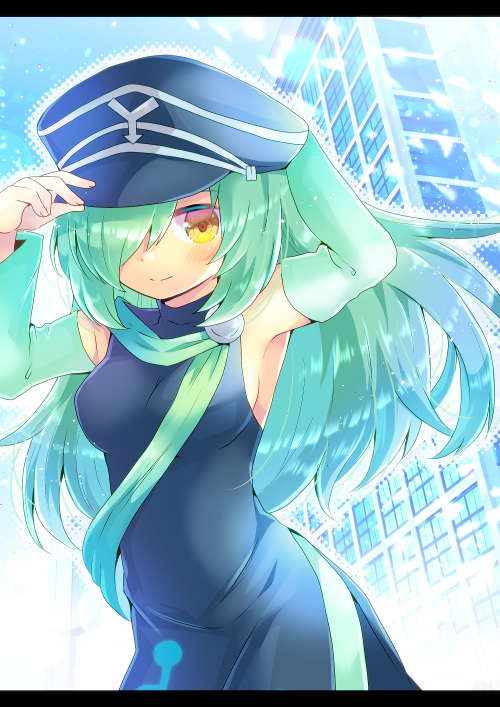 1girl adjusting_clothes adjusting_hat arms_up bangs bare_shoulders black_dress black_headwear blush breasts brown_eyes building closed_mouth copyright_request detached_sleeves dress eyebrows_visible_through_hair green_hair green_sleeves hair_over_one_eye hat kouu_hiyoyo letterboxed long_hair long_sleeves looking_at_viewer medium_breasts peaked_cap skyscraper sleeveless sleeveless_dress smile solo very_long_hair