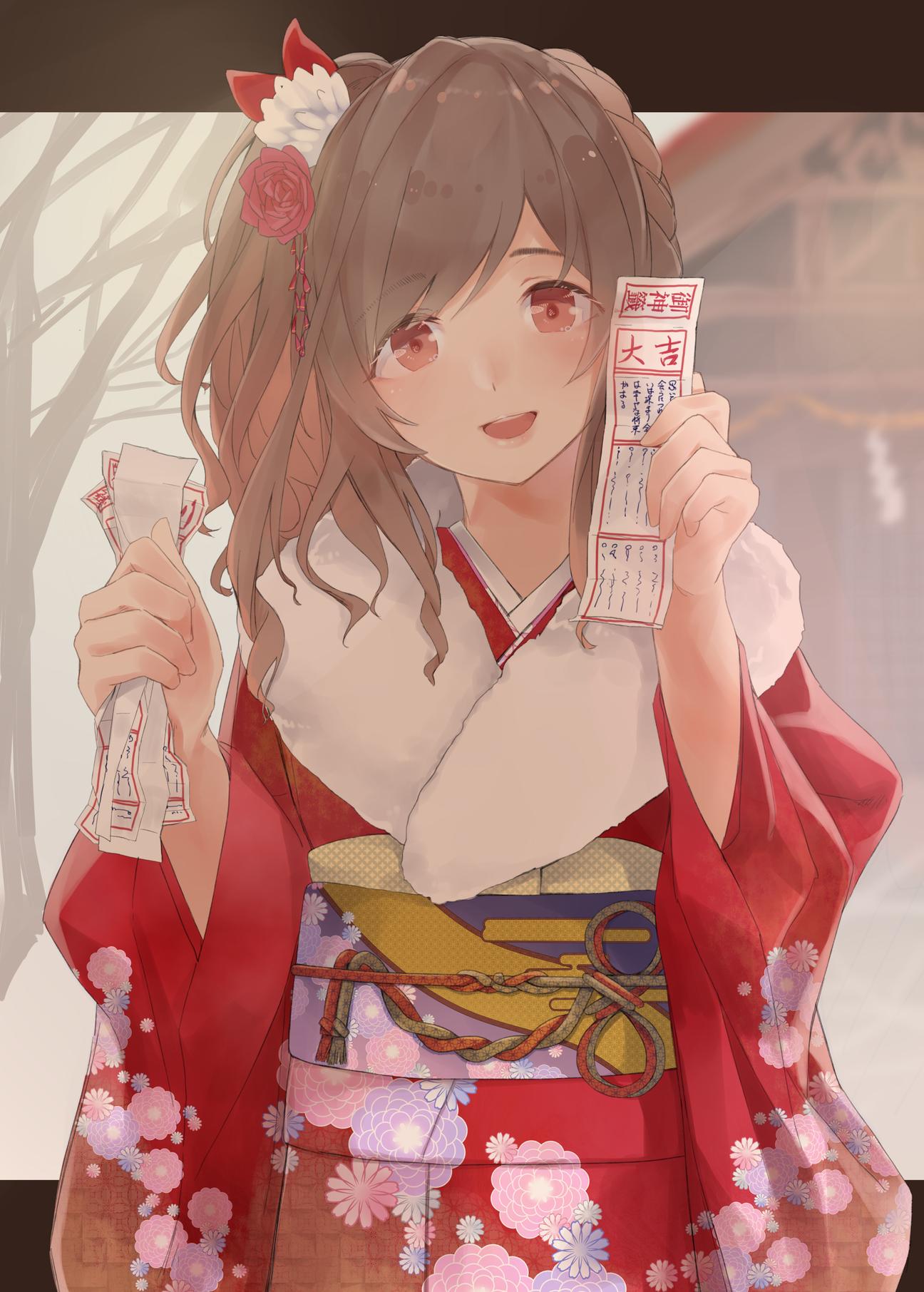 1girl bangs brown_eyes brown_hair festival flower hair_flower hair_ornament highres holding idolmaster idolmaster_shiny_colors japanese_clothes kimono looking_at_viewer obi pekoni_(peconi) sash shrine side_ponytail swept_bangs ticket tree tree_branch tsukioka_kogane wide_sleeves