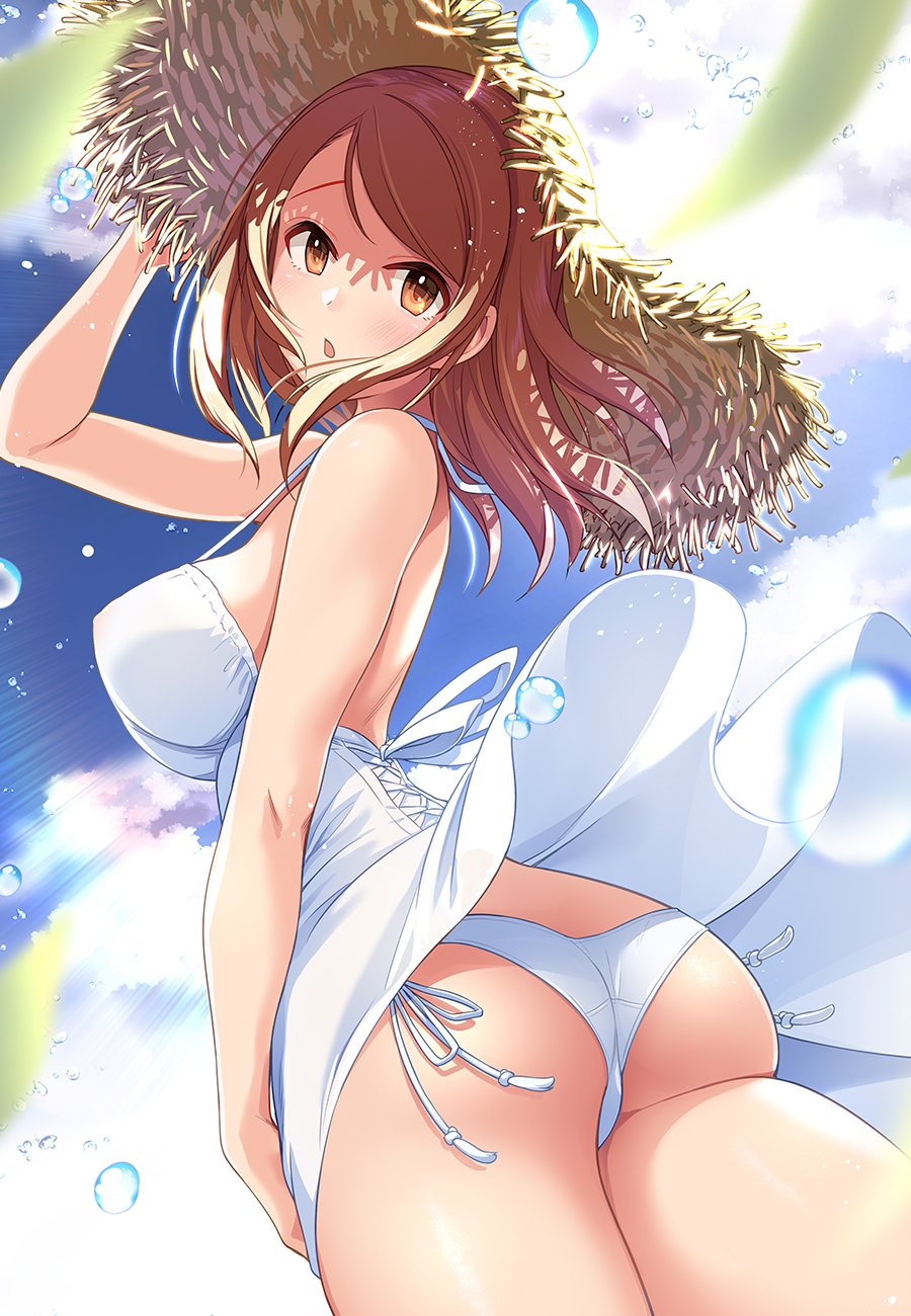 1girl :o adjusting_clothes adjusting_hat arm_up ass bangs bare_arms bare_back blue_sky breasts bubble clouds covered_nipples cross-laced_clothes dress hat highres houjou_karen idolmaster idolmaster_cinderella_girls leaf light_smile long_hair looking_at_viewer looking_back mk_(mod0) open_mouth orange_eyes orange_hair outdoors panties side-tie_panties sideboob sky sleeveless sleeveless_dress solo straw_hat sundress thighs underwear white_dress white_panties wind wind_lift