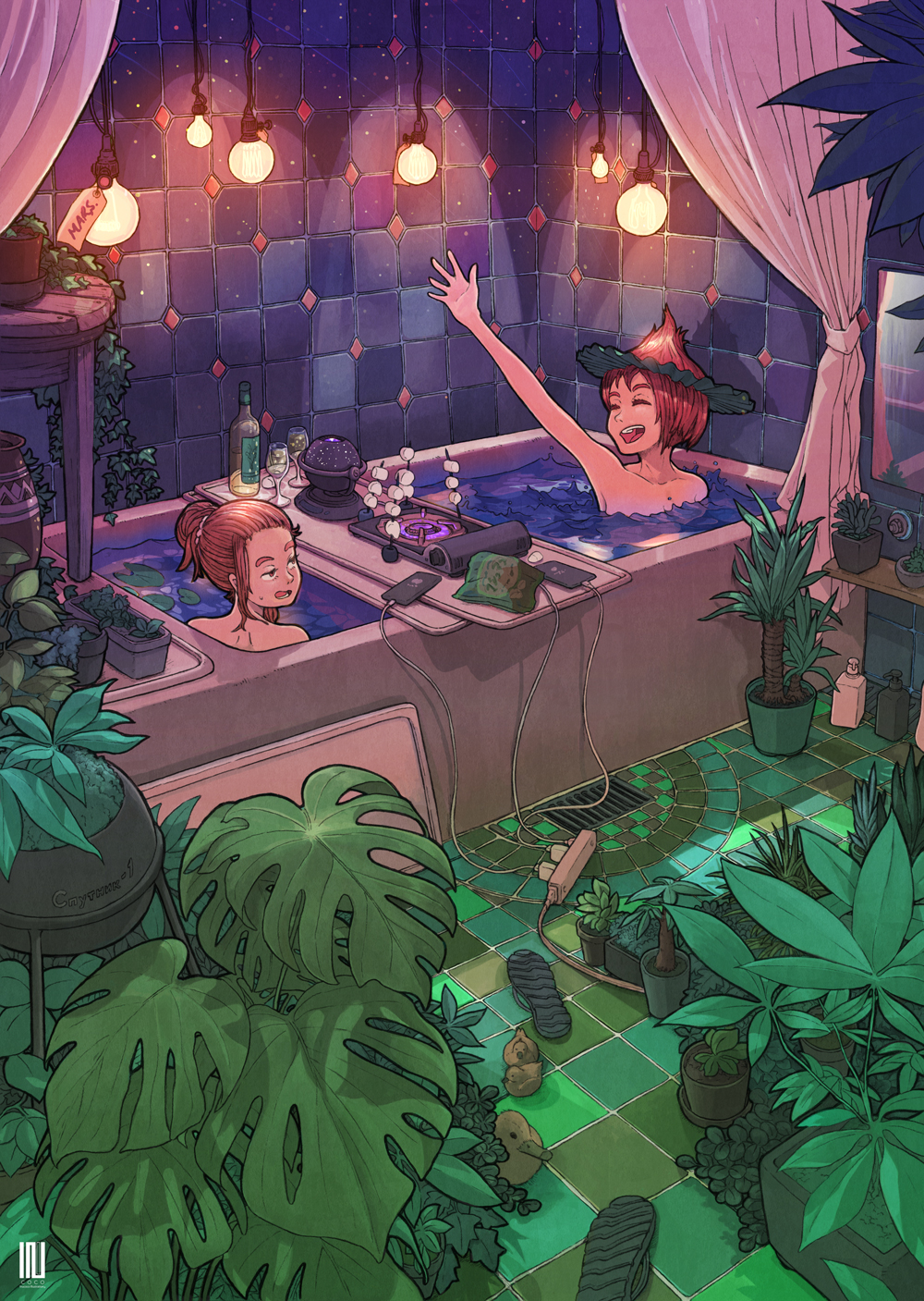 2girls arm_up bangs bathtub bottle brown_hair charging_device cup food glowing highres inukoko leaf light_bulb marshmallow multiple_girls original partially_submerged phone plant ponytail potted_plant power_strip sandals_removed short_hair tile_floor tile_wall tiles