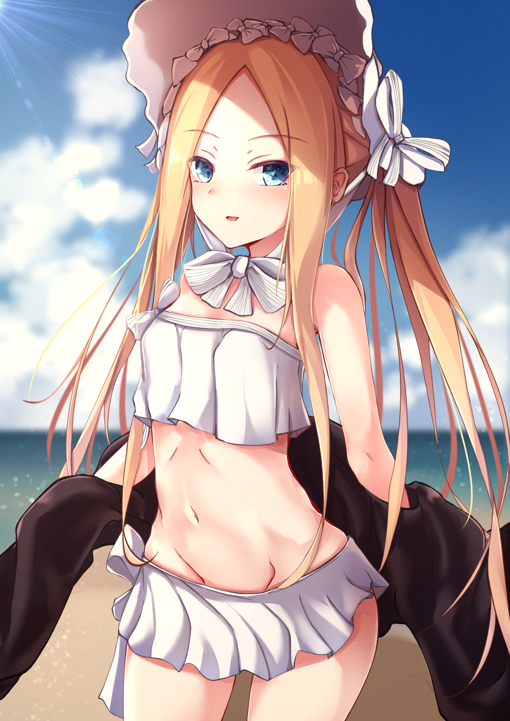 1girl abigail_williams_(fate/grand_order) abigail_williams_(swimsuit_foreigner)_(fate) bangs bare_shoulders bikini black_jacket blonde_hair blue_eyes blurry blurry_background bonnet bow commentary_request cowboy_shot day depth_of_field eyebrows_visible_through_hair fate/grand_order fate_(series) forehead groin hair_bow highres horizon jacket kashiwagi_yamine long_hair looking_at_viewer navel ocean outdoors parted_bangs parted_lips smile solo strapless strapless_bikini striped striped_bow swimsuit twintails very_long_hair water white_bikini white_bow white_headwear