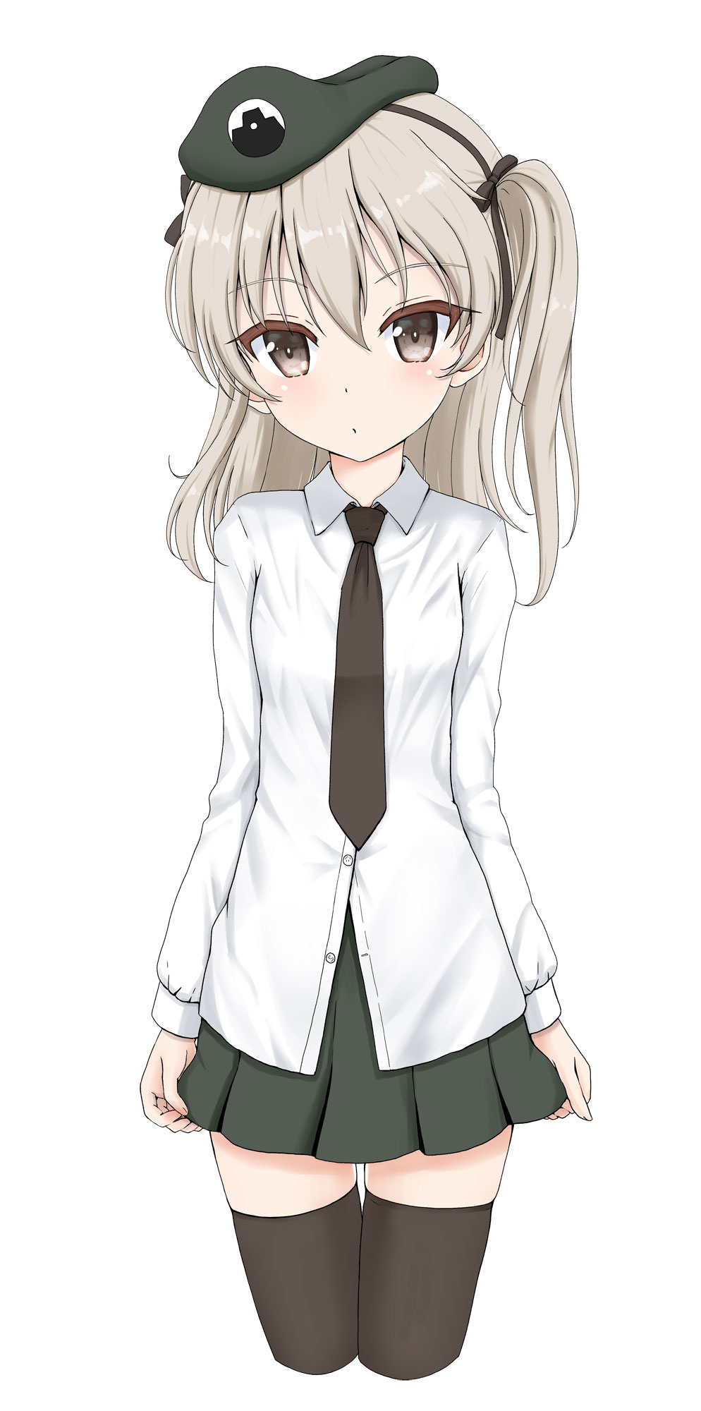 1girl bangs beret black_legwear black_neckwear blush brown_eyes brown_hair closed_mouth collared_shirt commentary_request cropped_legs dress_shirt eyebrows_visible_through_hair flipper girls_und_panzer green_headwear green_skirt hair_between_eyes hat highres long_hair long_sleeves looking_at_viewer necktie one_side_up pleated_skirt shimada_arisu shirt simple_background skirt sleeves_past_wrists solo thigh-highs white_background white_shirt