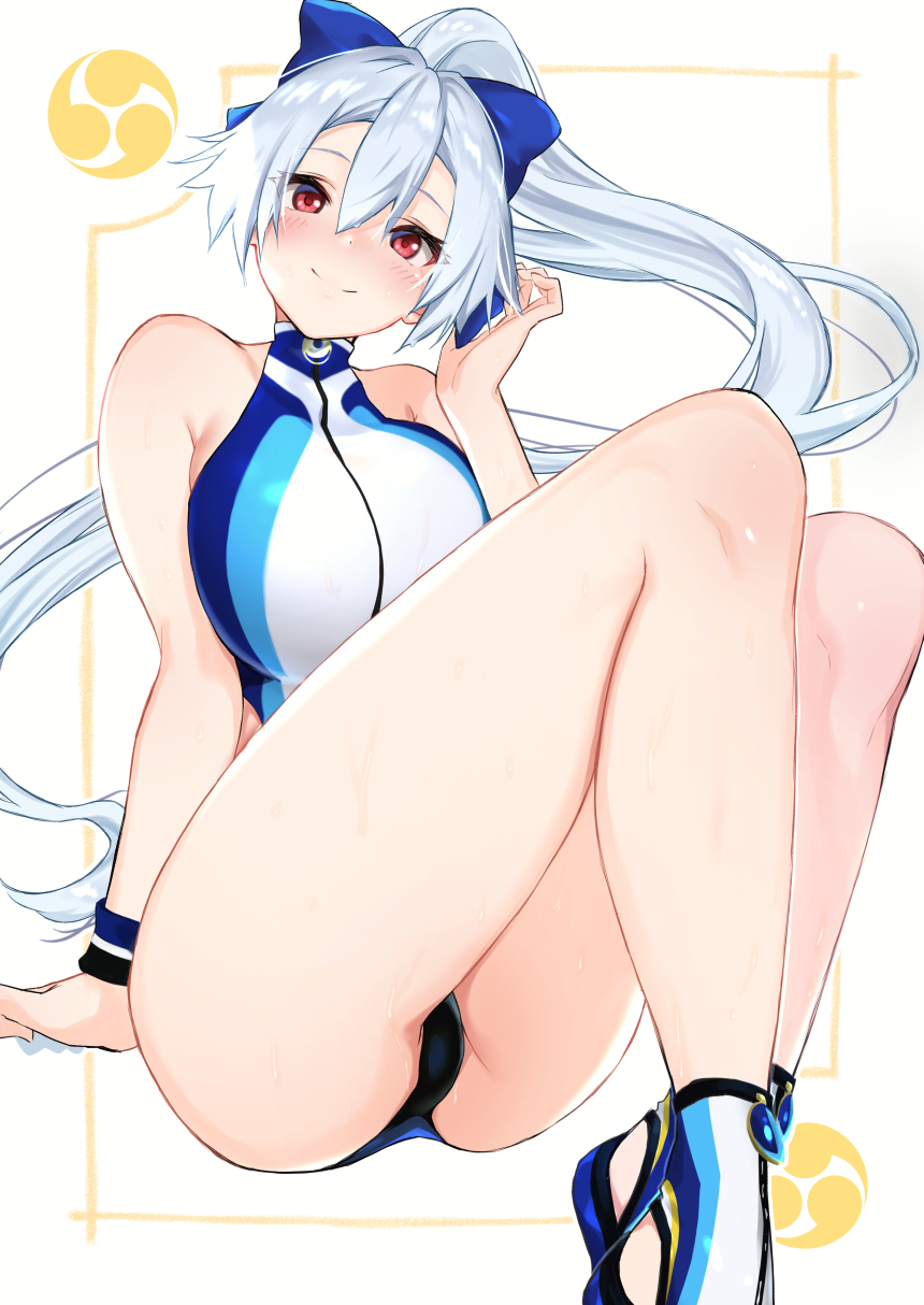 1girl ass bangs blue_bow blue_swimsuit blush bow breasts closed_mouth fate/grand_order fate_(series) hair_between_eyes hair_bow highleg highleg_swimsuit highres large_breasts legs long_hair looking_at_viewer mitsudomoe_(shape) murio one-piece_swimsuit ponytail red_eyes sandals silver_hair smile swimsuit thighs tomoe_(symbol) tomoe_gozen_(fate/grand_order) tomoe_gozen_(swimsuit_saber)_(fate) two-tone_swimsuit white_background white_swimsuit