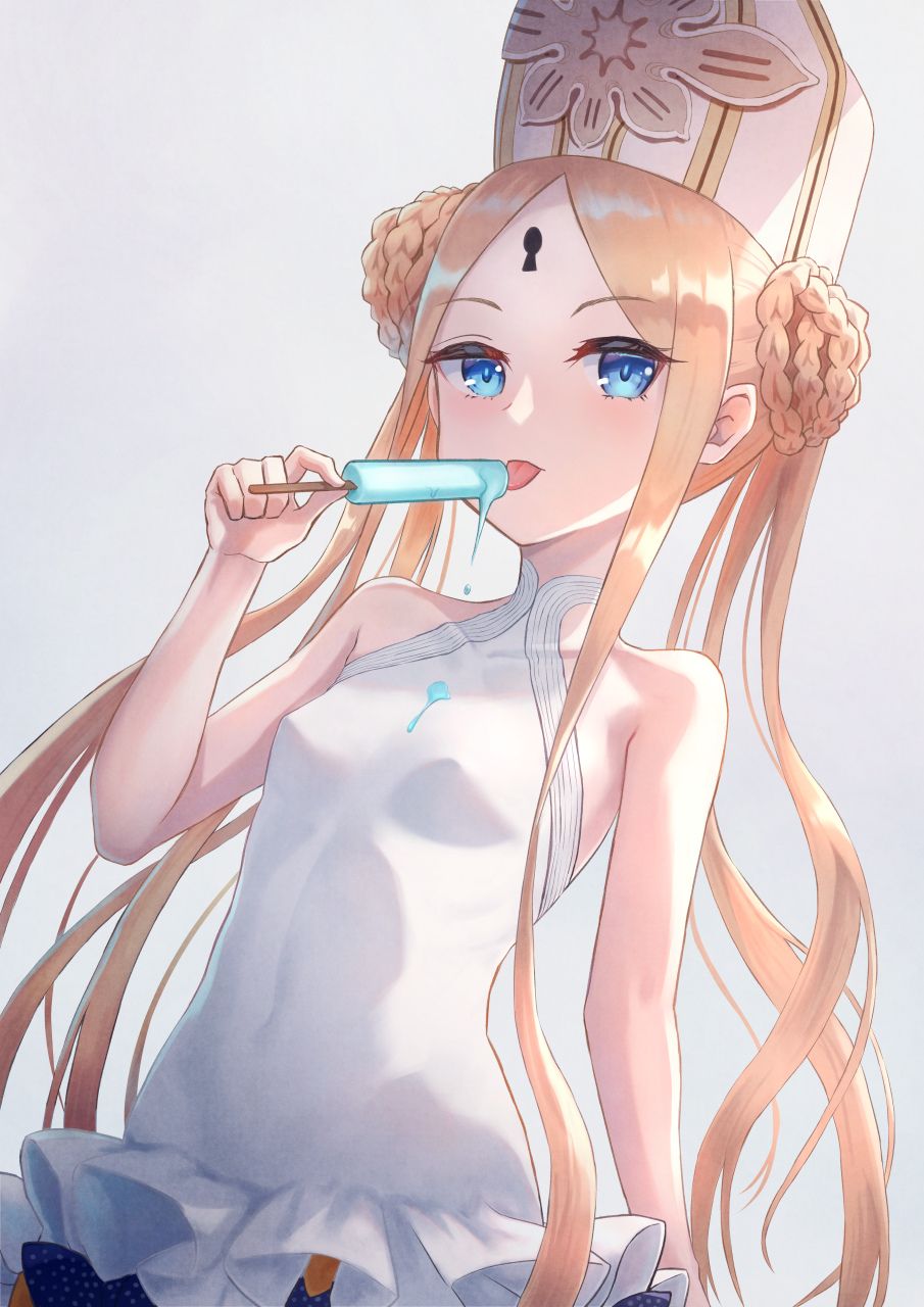 1girl abigail_williams_(fate/grand_order) abigail_williams_(swimsuit_foreigner)_(fate) bangs bare_shoulders black_bow blonde_hair blue_eyes bow braid braided_bun breasts double_bun dress_swimsuit fate/grand_order fate_(series) food forehead highres keyhole long_hair looking_at_viewer mitre multiple_bows orange_bow parted_bangs popsicle sidelocks small_breasts smile swimsuit tongue tongue_out tsukizaki_shizuka very_long_hair white_headwear white_swimsuit