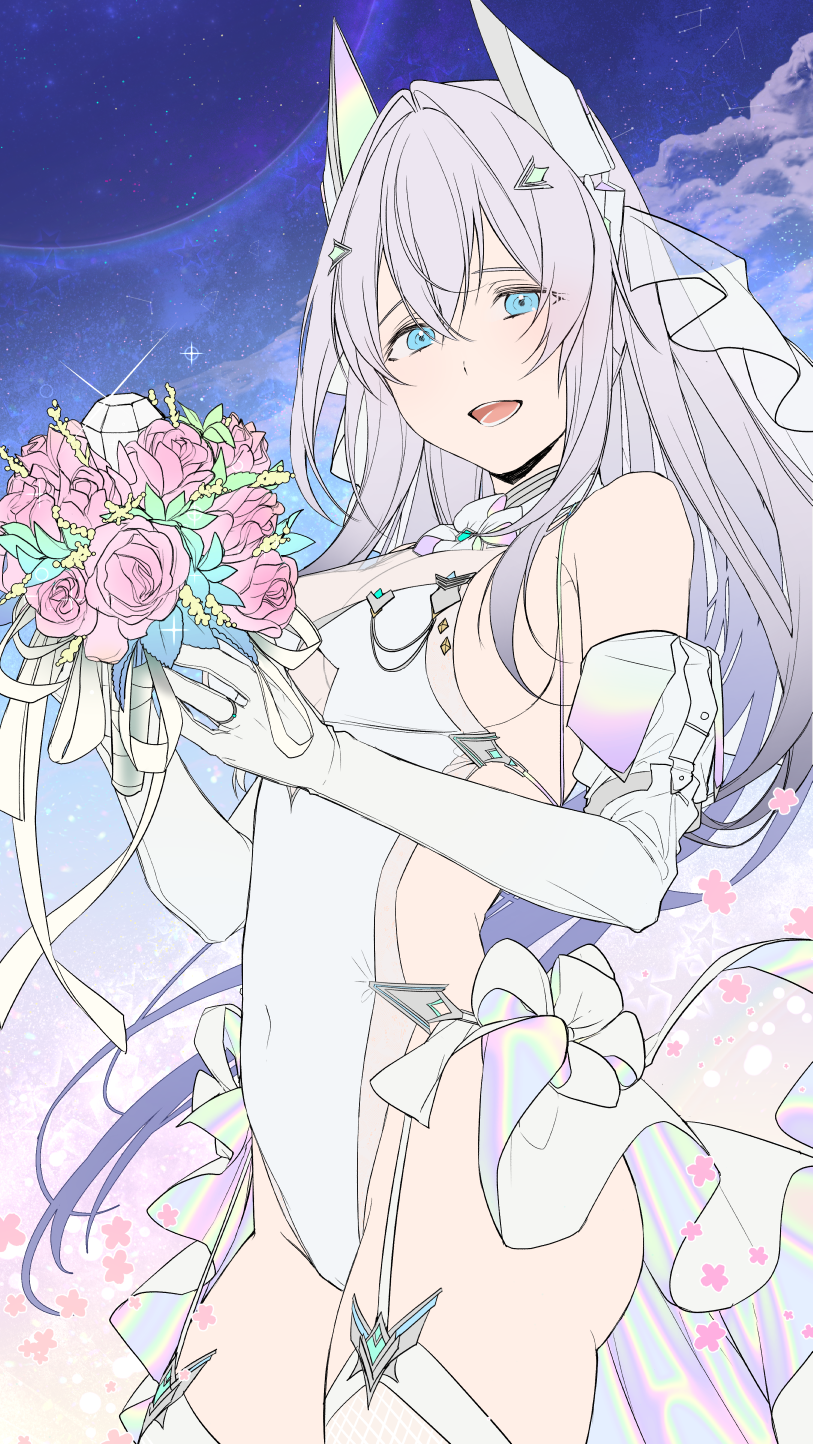 1girl bangs bare_shoulders blue_eyes blue_flower bouquet breasts elbow_gloves eyebrows_visible_through_hair flower garter_straps gloves grey_hair groin hair_between_eyes headgear highres holding holding_bouquet leotard long_hair looking_at_viewer medium_breasts myo_ne open_mouth original pink_flower pink_rose rose see-through sideboob solo standing thigh-highs very_long_hair white_gloves white_legwear white_leotard