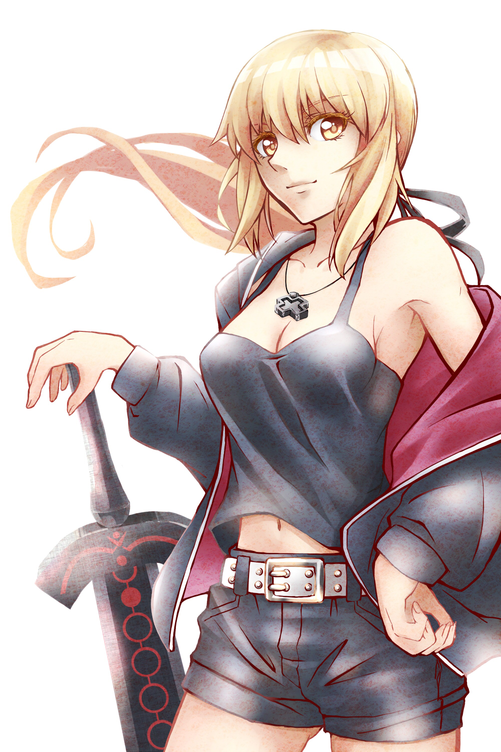 1girl artoria_pendragon_(all) bangs belt blonde_hair breasts cowboy_shot excalibur_morgan eyebrows_visible_through_hair fate/grand_order fate_(series) hand_on_hip highres jacket jewelry long_hair looking_at_viewer medium_breasts open_clothes open_jacket pendant saber_alter shorts smile solo standing tank_top white_background yellow_eyes yukigumo