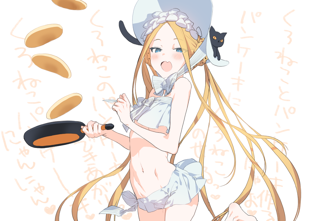 1girl abigail_williams_(fate/grand_order) abigail_williams_(swimsuit_foreigner)_(fate) akinashi_yuu animal barefoot bikini blonde_hair blue_eyes bonnet cat commentary_request crepe eyebrows_visible_through_hair eyes_visible_through_hair fang fate/grand_order fate_(series) food long_hair navel open_mouth skin_fang solo standing standing_on_one_leg swimsuit very_long_hair white_bikini