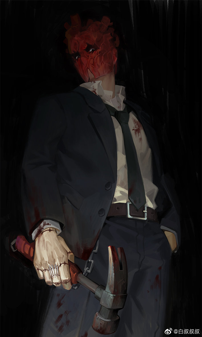 1boy ao666 belt black_background black_eyes black_jacket black_neckwear black_pants blood bloody_clothes bloody_weapon brown_belt collared_shirt cowboy_shot dorohedoro dress_shirt formal hammer hand_in_pocket heart holding holding_weapon jacket long_sleeves looking_at_viewer looking_down male_focus mask necktie pants shin_(dorohedoro) shirt solo standing stitches suit weapon weibo_username white_shirt
