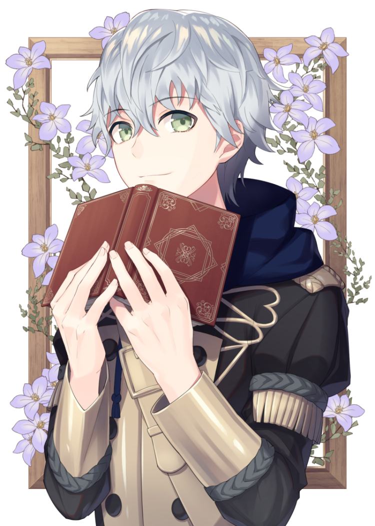 1boy ashe_ubert book fire_emblem fire_emblem:_three_houses flower garreg_mach_monastery_uniform green_eyes grey_hair hair_between_eyes holding holding_book looking_at_viewer male_focus simple_background smile solo uniform upper_body yuki_lio