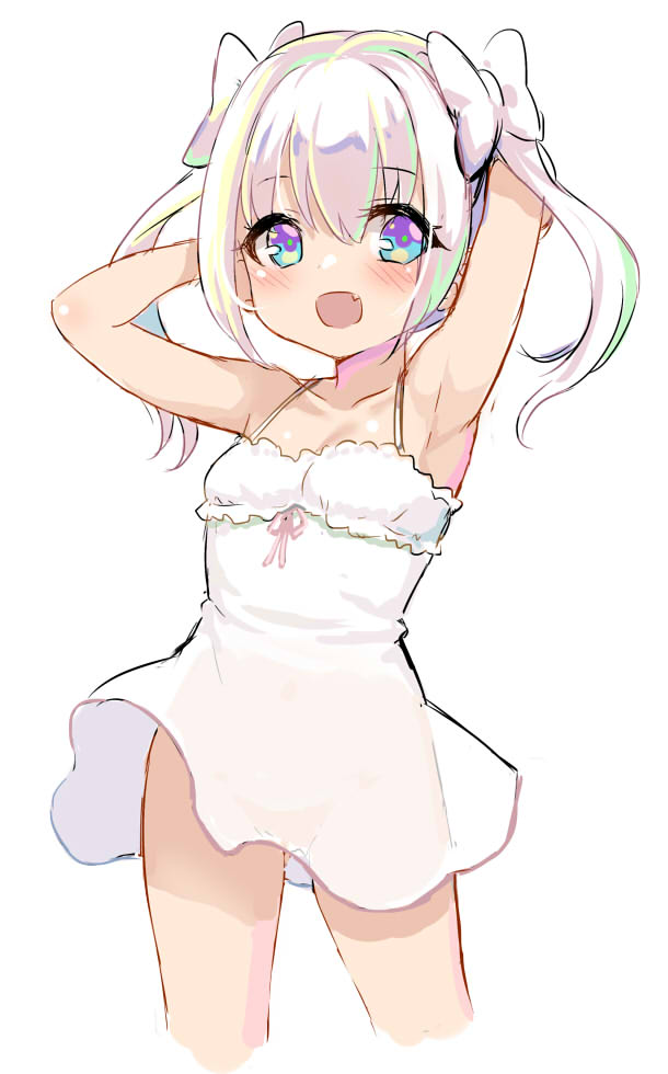 1girl :d arm_behind_head arm_up armpits bangs bare_arms bare_shoulders blue_eyes blush bow collarbone cropped_legs dress eyebrows_visible_through_hair fang full_body fur-trimmed_dress fur_trim hair_between_eyes hair_bow hand_up long_hair looking_at_viewer multicolored multicolored_eyes open_mouth original pink_ribbon ribbon see-through_silhouette silver_hair simple_background smile solo standing twintails unname violet_eyes white_background white_bow white_dress