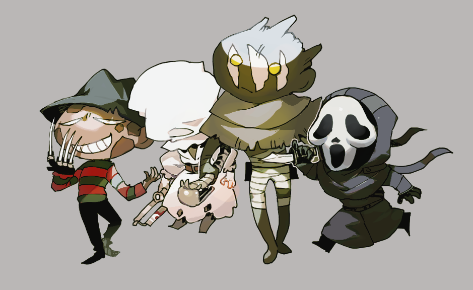 1girl 3boys a_nightmare_on_elm_street bag_over_head bandages black_gloves burn_scar chibi claw_(weapon) dead_by_daylight floating freddy_krueger ghostface gloves grin hat hooded_coat knife long_sleeves mask multiple_boys newo_(shinra-p) philip_ojomo running sally_smithson saw scar scream_(movie) smile standing weapon yellow_eyes