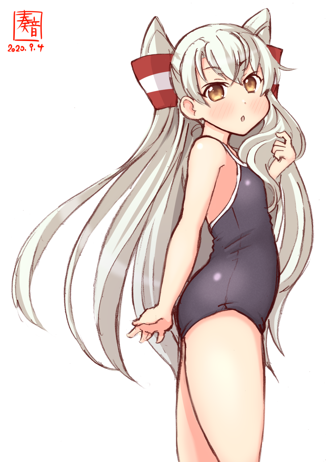 1girl amatsukaze_(kantai_collection) artist_logo black_swimsuit brown_eyes commentary_request competition_school_swimsuit cowboy_shot dated hair_tubes highres kanon_(kurogane_knights) kantai_collection long_hair looking_at_viewer school_swimsuit silver_hair simple_background solo swimsuit two_side_up white_background windsock